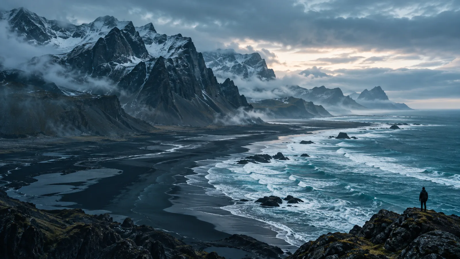 A lone figure overlooking a dramatic mountain coastline and the turquoise sea at blue hour.
